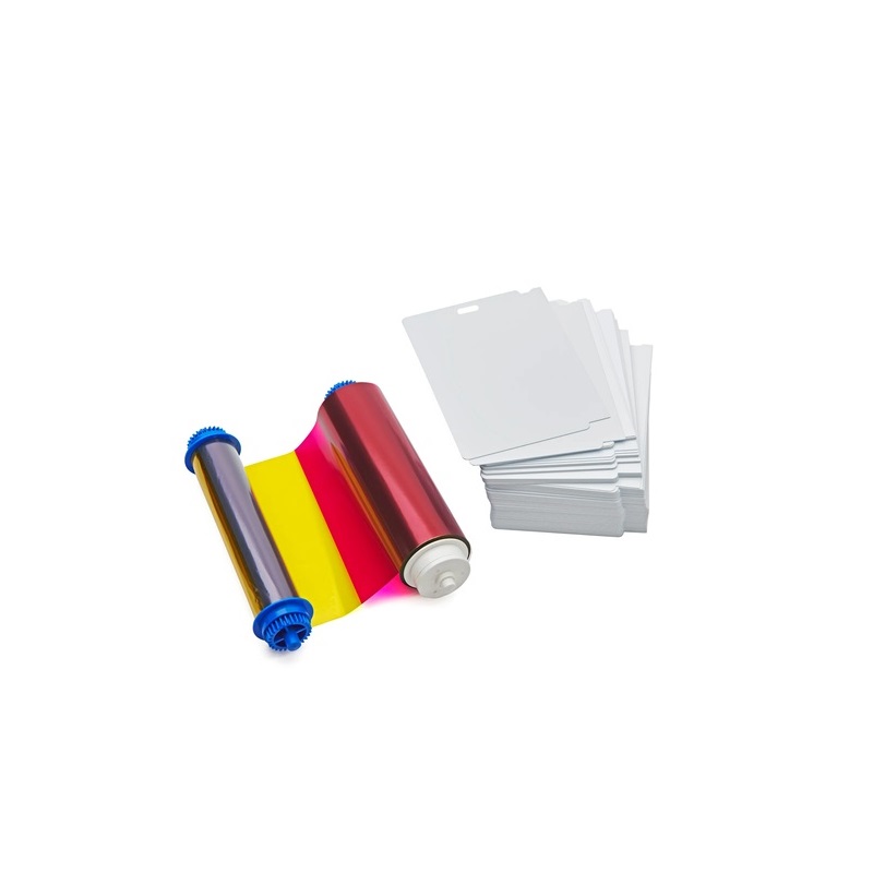 Picture of Zebra ZC10L color ribbon/dye film (YMC0) and cards with 1 slot / oval hole. Zebra 106000-10L1 - 400 prints and 400 cards. ZEB-106000-10L1